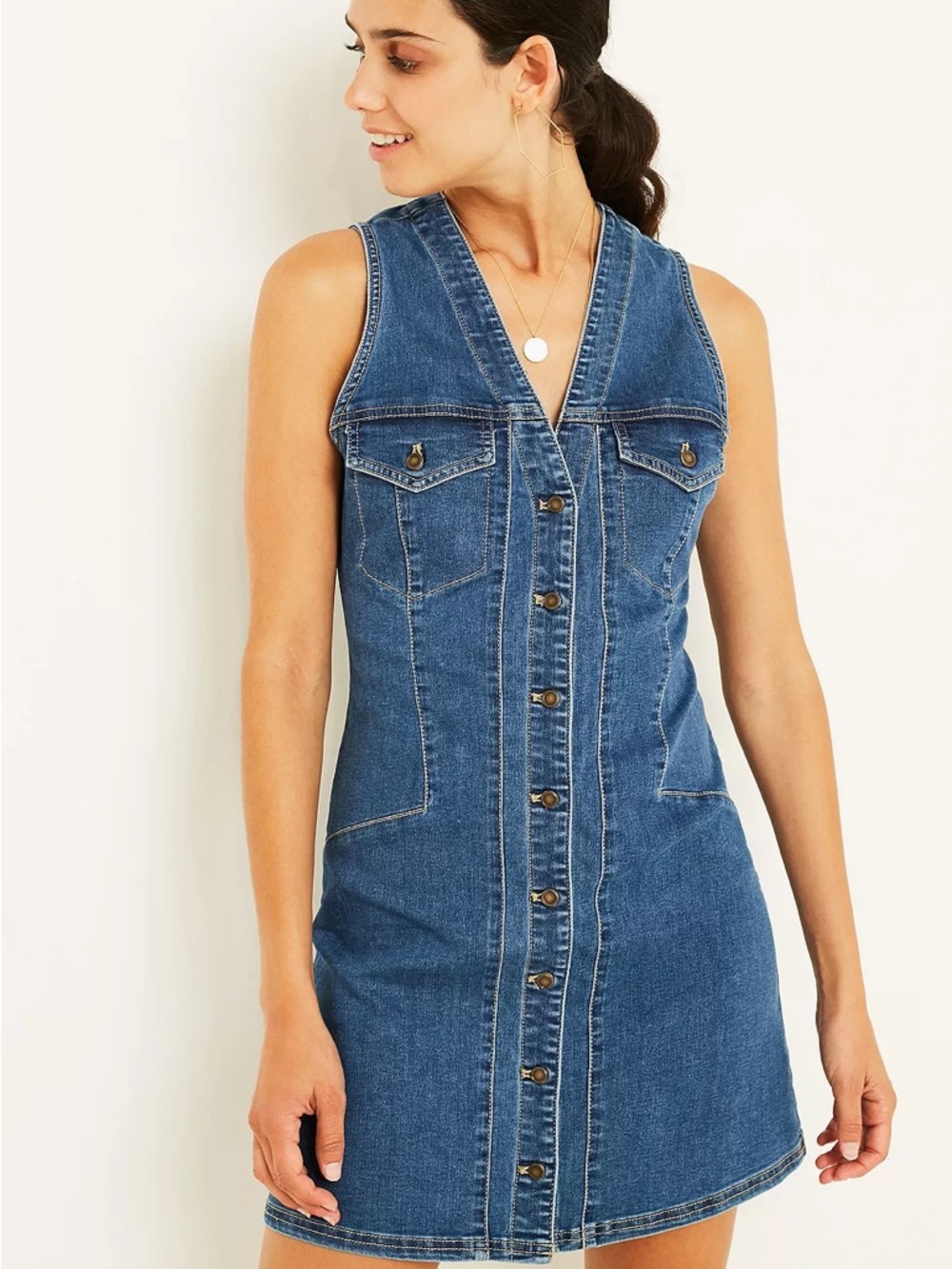 Free People Wandering Star Denim Button-Front Mini Dress